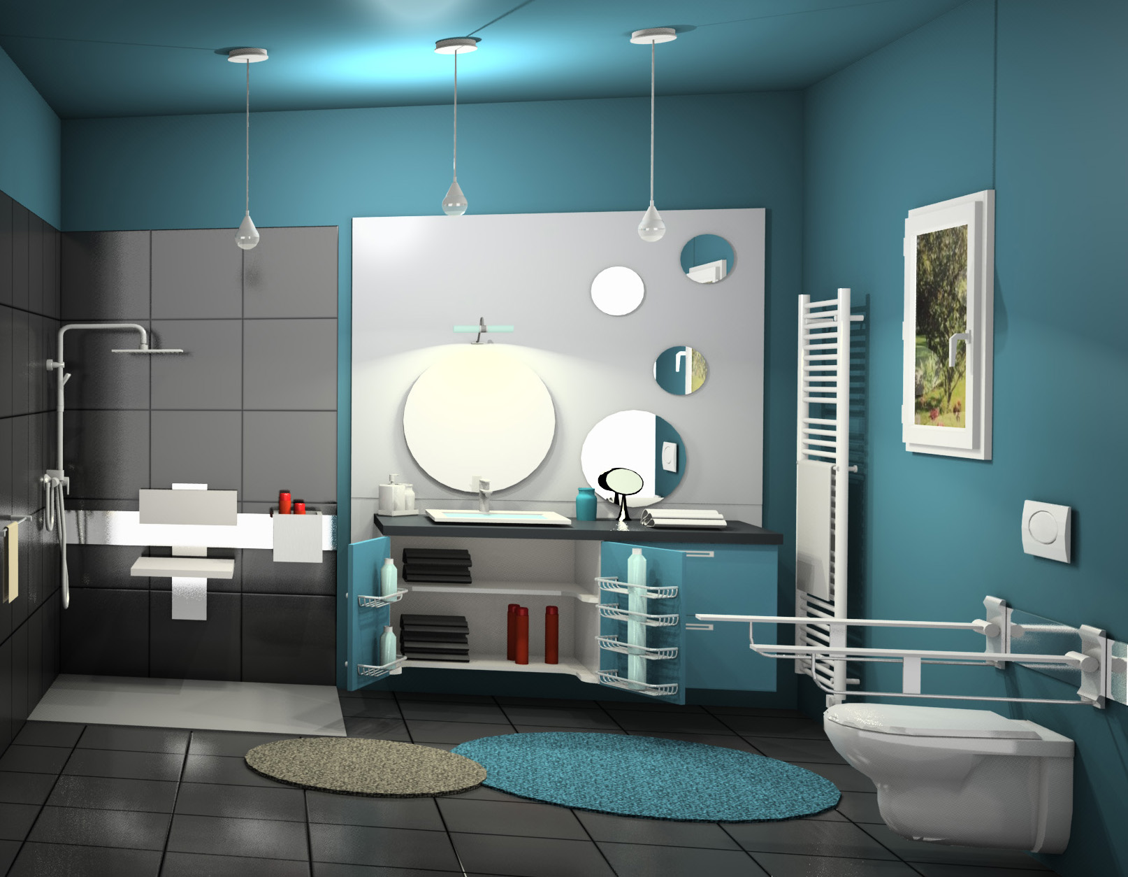 Image d'une salle de bain adaptée avec douche à l'italienne, des placards à hauteur variables, des barres d'appui pour les sanitaires.